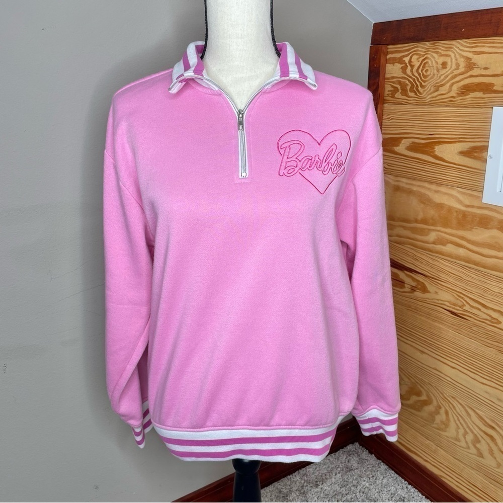 Barbie Pink Embroidered Varsity Tracksuit Fleece Quarter Zip Sweatshirt Medium